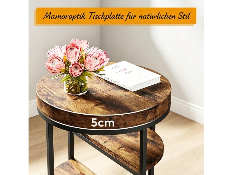  Table d'appoint ronde 50x50x65 cm – marron rustique – 3 niveaux ouverts, structure en métal et bois  - Conforama E