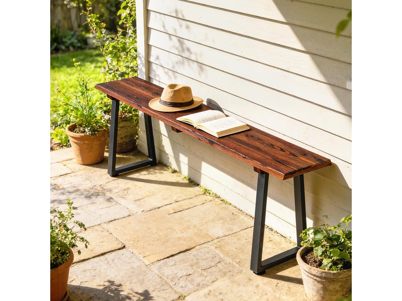  Banc de jardin en bois sans dossier en bois, pieds trapézoïdaux en acier, 2 places à effet bois, 150x28x48cm, carbonisé  - Conforama B