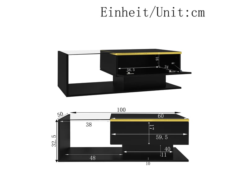  Table basse ulevr avec rangement et led 16 couleurs, 100 x 50 cm, plateau en verre trempé, panneau de particules noir brillant  - Conforama C
