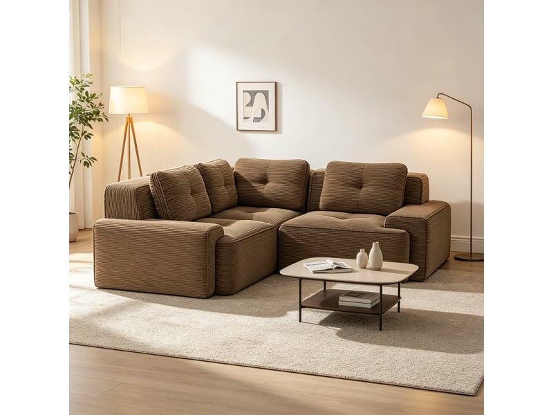  Canapé modulable combinable sans cadre, assise profonde en velours côtelé, salon ou bureau, 69 × 206 × 206 cm, marron  - Conforama D