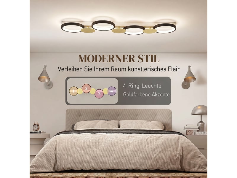  Plafonnier led 38 w 1500 lm 3000 k-6500 k, lampe de salon avec 4 ampoules, télécommande, noir et or  - Conforama D