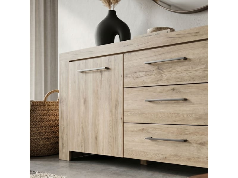  Buffet 2 portes 3 tiroirs finition chêne doré poignées métal gris - elmer ELMER - Conforama E