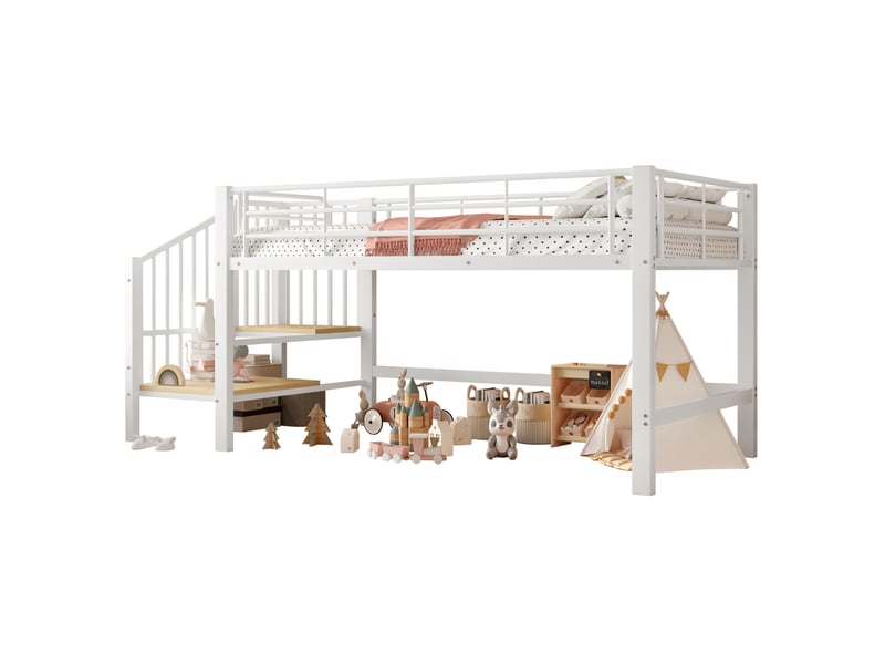  Modenvie lit mi-hauteur 90x200 cm - escalier de rangement, structure metal, sommier inclus - blanc  - Conforama A