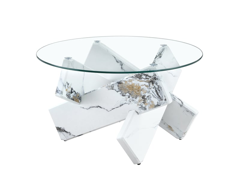  Table basse ronde avec plateau en verre trempé et piètement croisé, effet marbre blanc, pour salon, 79 × 79 × 45 cm  - Conforama A