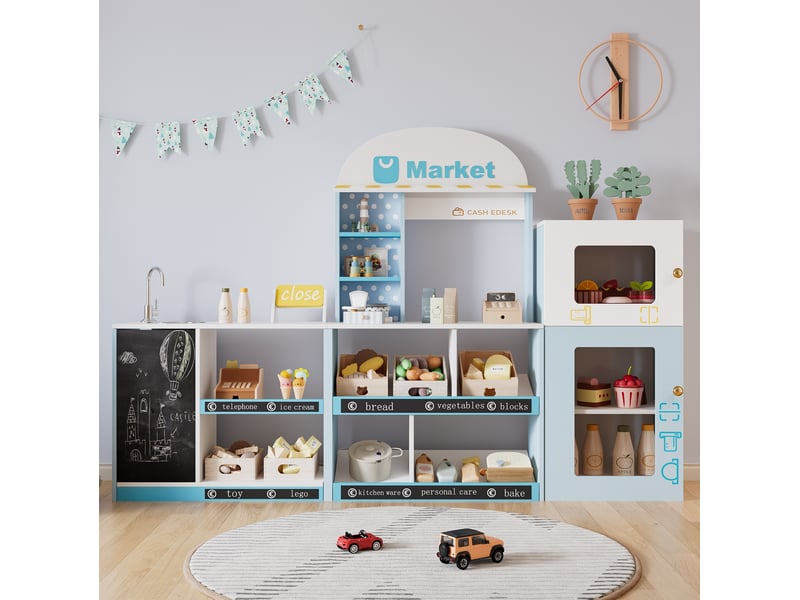Marché ludique enfant 155x30x107,5 cm – bleu – étagères, tableau à craie et robinet avec réfrigérateur - Conforama B