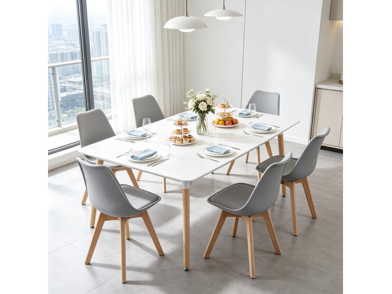  Chaise de salle à manger lot de 6 avec assise rembourrée et patins en similicuir, plastique et bois, gris et bois clair  - Conforama E