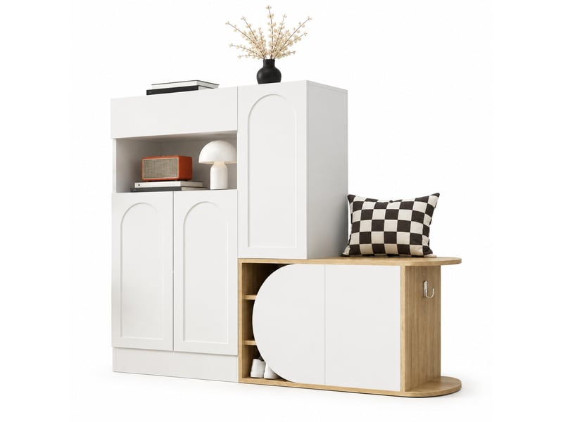  Meuble à chaussures 130 × 35 × 110,5 cm en mdf avec banc, 1 tiroir et 5 portes blanc et effet bois chicfurn  - Conforama A
