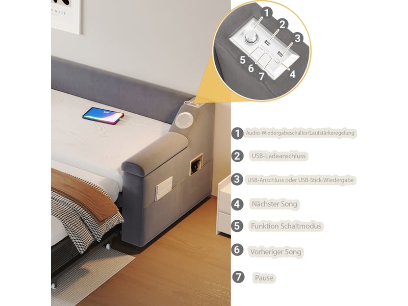  Canapé-lit 90x190 cm avec chaîne stéréo bluetooth intelligente et usb, lit gigogne avec sommier à lattes, velours, gris  - Conforama E