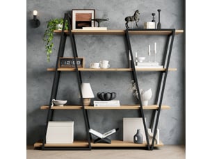 Bibliothèque design géométrique 158x35x166 cm, étagère sur pied métal et bois avec 4 niveaux, style industriel pour salon et bureau.