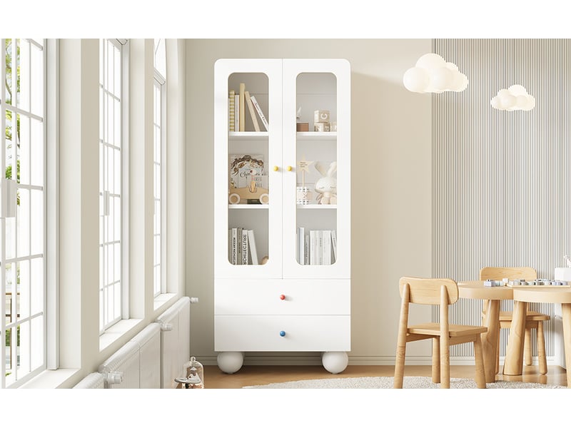  Bibliothèque vitrée 2 portes, 2 tiroirs, étagères, poignées céramique, chambre enfant, blanc, 60 × 35 × 140 cm  - Conforama C