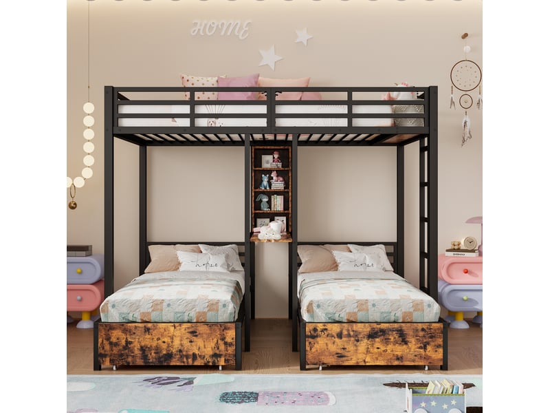 Lit superposé 3 couchages 140x200 + 90x200 cm, métal et mdf, noir, sans matelas - Conforama D