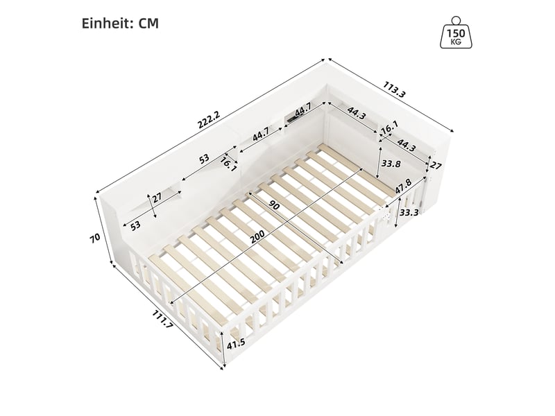  Lit enfant 90x200 cm, canapé-lit,  rangement, prise et usb, sommier, aggloméré, blanc, sans matelas  - Conforama C