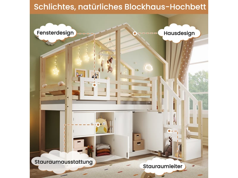 Lit cabane enfant 90x200 cm - blanc naturel, rangements intégrés et garde-corps, pratique et ludique  - Conforama D