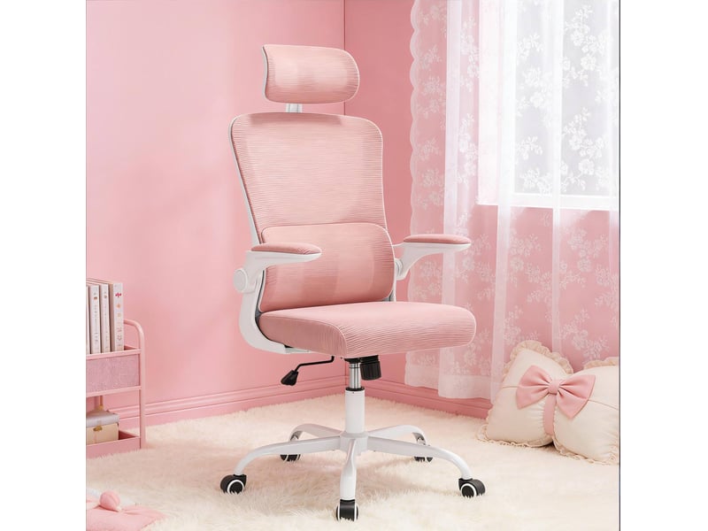  Chaise de bureau rose à dossier haut avec appuie-tête réglable, accoudoirs rabattables et fonction basculante  - Conforama B
