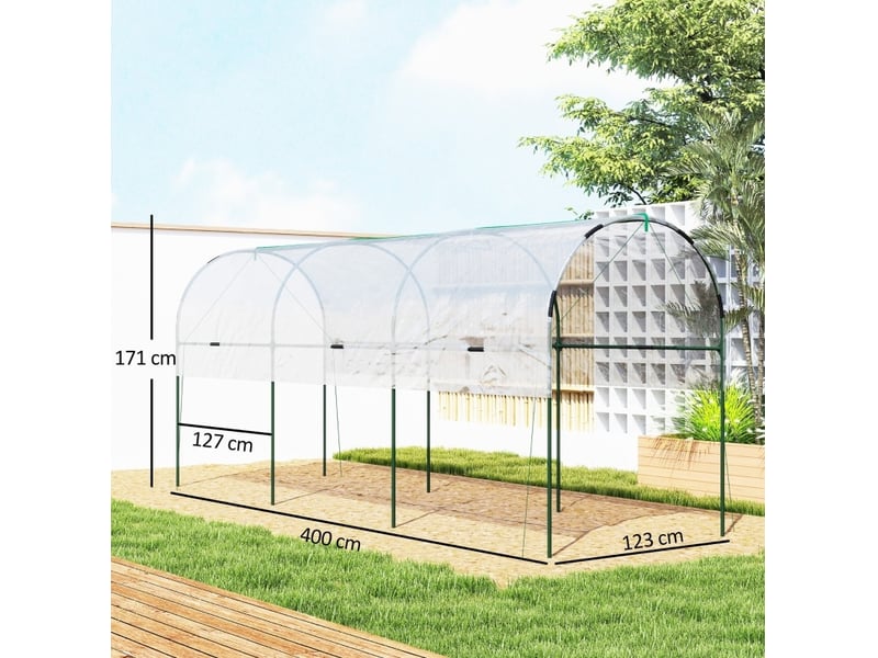  Serre tunnel de jardin 400 x 123 x 171 cm – transparente – bâche renforcée avec 8 piquets de sol  - Conforama C