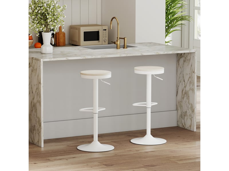  Lot de 2 tabourets de bar, chaises de bar pivotantes avec assise en hévéa, hauteur réglable et repose-pieds, blanc  - Conforama D