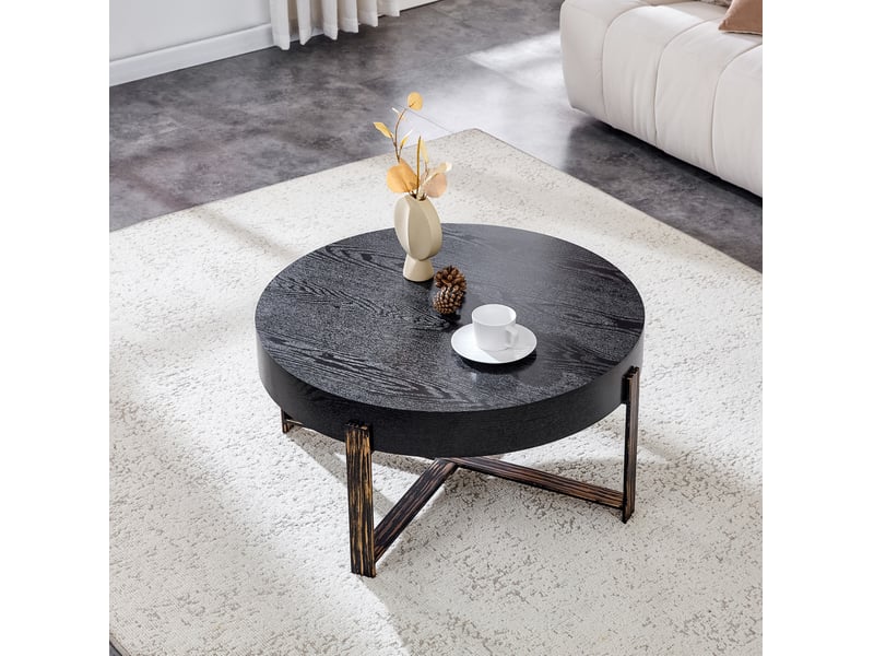  Table basse ronde avec plateau épais effet bois et piètement croisé en métal pour salon, 68 × 36 cm, noir  - Conforama C