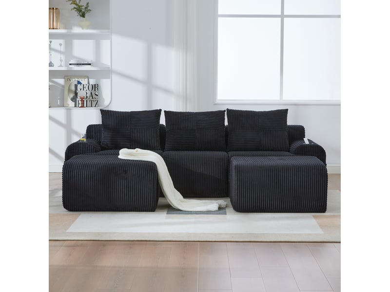  Canapé modulable 3 places 268x174x80 cm avec 2 poufs noir  - Conforama C