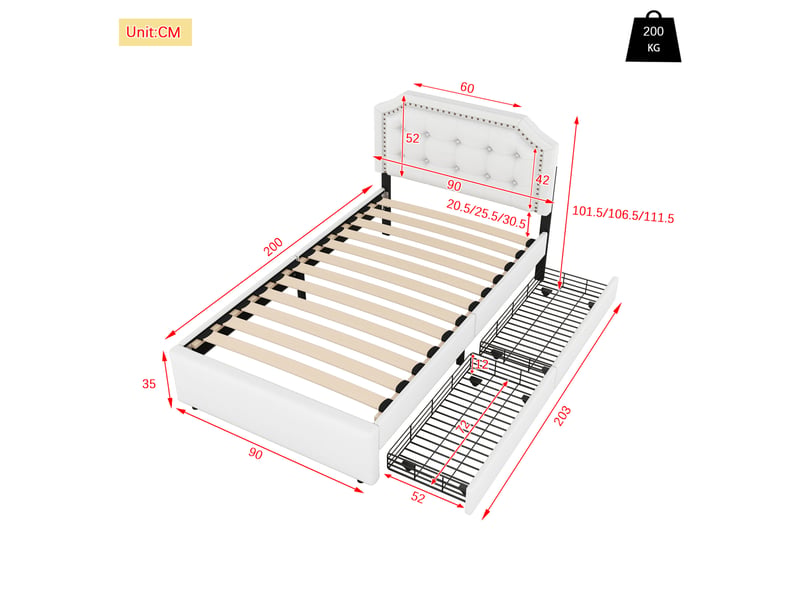  Lit simple rembourré 90x200 cm avec 2 tiroirs, beige clair  - Conforama E