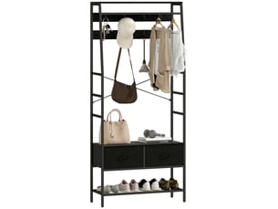 Porte-manteau avec étagère à chaussures, portant de style industriel, 2 tiroirs en tissu, 8 crochets, structure en métal, noir