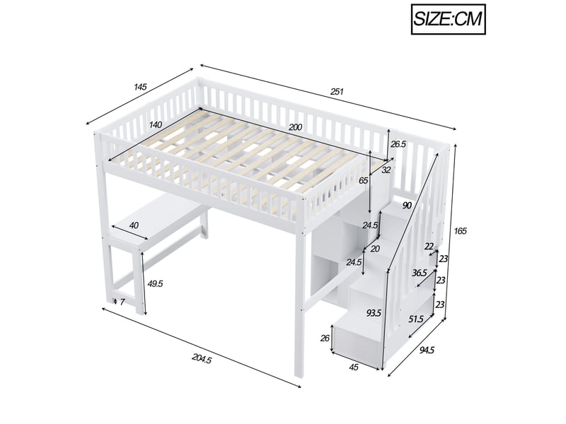  Lit mezzanine 140 x 200 cm blanc avec led, bureau, étagères et escalier de rangement  - Conforama E