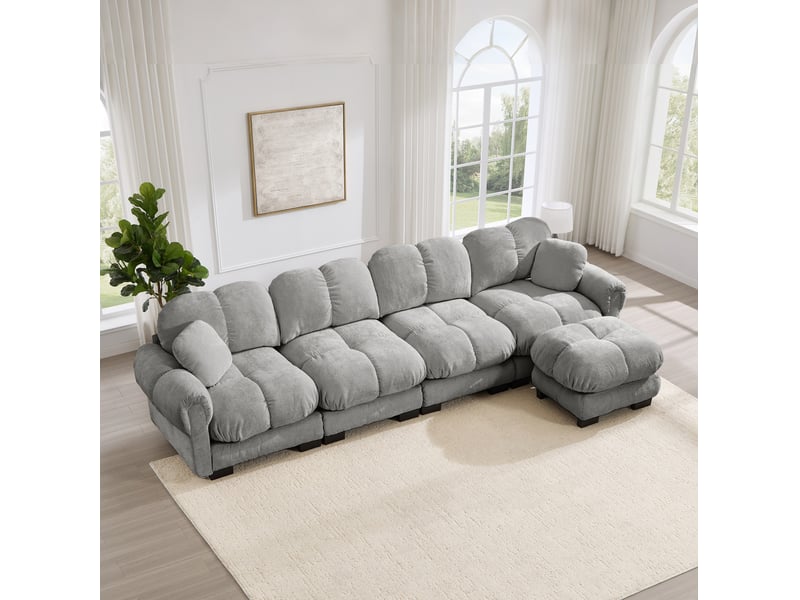  Canapé d'angle modulable 4 places modenvie en chenille avec pouf mobile, gris clair, 330 x 149 x 90 cm  - Conforama B