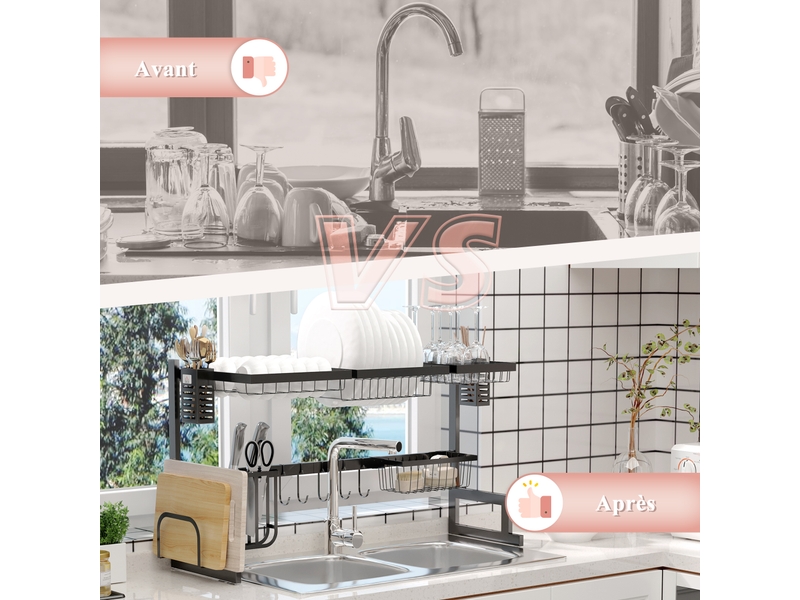  Égouttoir à vaiselle 2 niveaux porte-couteau support pour planche à découper 93 x 30 x 52,5 cm noir acier  - Conforama W
