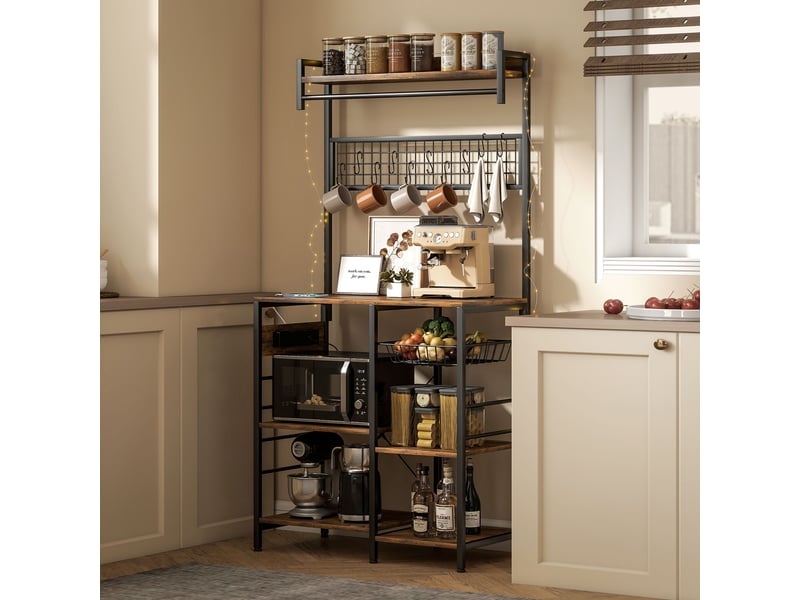  Étagère de cuisine avec trois prises, éclairage led industriel et étagères pour micro-ondes, 80 x 42 x 162 cm, marron rustique  - Conforama D