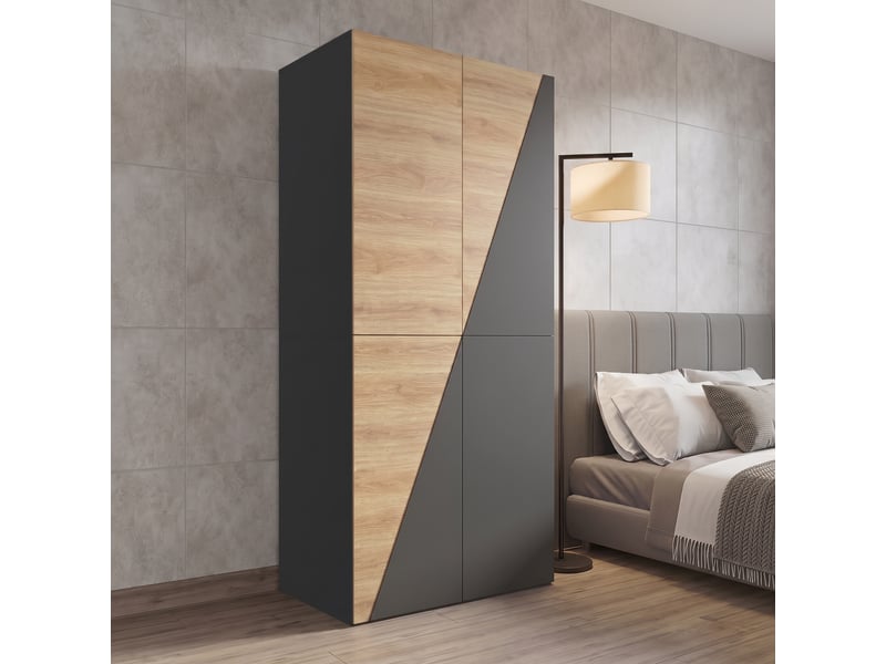 Armoire penderie 90 x 50 x 200 cm - 1 barre de penderie - 2 tiroirs - porte pantalons coulissant - moderne - gris carbone et bois - Conforama C