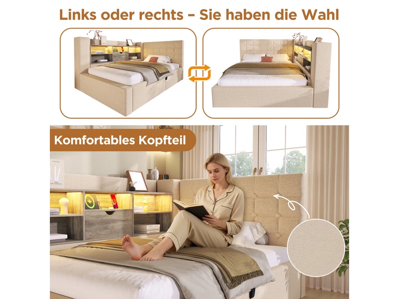  Lit double 140x200 cm coffre avec rangement hydraulique tête de lit en l avec éclairage led lin beige  - Conforama W