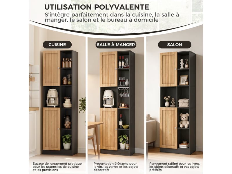 Meuble d'angle avec 2 portes, 6 niches et étagères réglables, pour cuisine, noir et naturel, 50 × 35,5 × 170 cm - Conforama E
