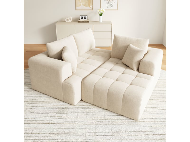 Canapé d’angle en l 3 places 244,5x136x79 cm modulable effet nuage sans structure, sans montage, assise profonde, mousse haute densité, chenille beige - Conforama D