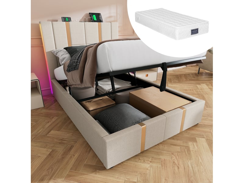  Lit simple 90x200 cm avec rangement, led et usb type-c, revêtement en lin beige avec matelas  - Conforama B