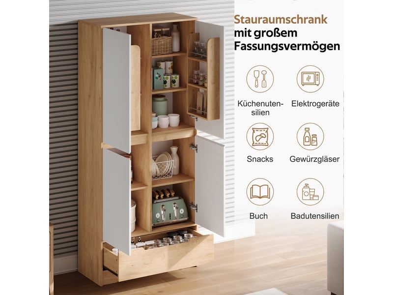 Armoire haute de cuisine 80x35x180 cm avec 1 grand tiroir, rangements de porte, étagères réglables, grand rangement, mdf blanc et bois naturel  - Conforama E