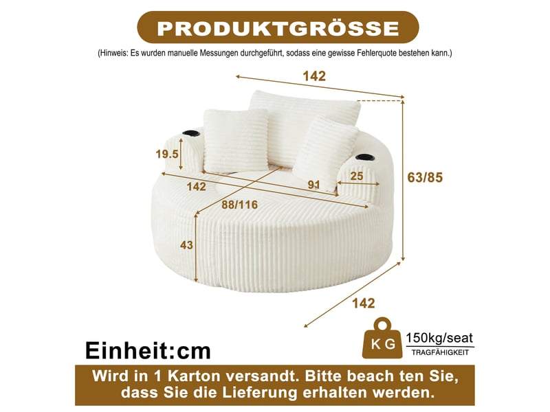  Fauteuil relax rond 1 place en velours côtelé beige avec 3 coussins, porte-gobelets et rangements latéraux  - Conforama C