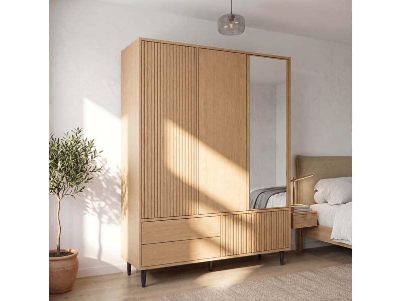  Armoire 135x45x200 cm avec 3 portes, 3 tiroirs et miroir, mdf et métal, bois clair, meuble chambre et dressing, déco  - Conforama D