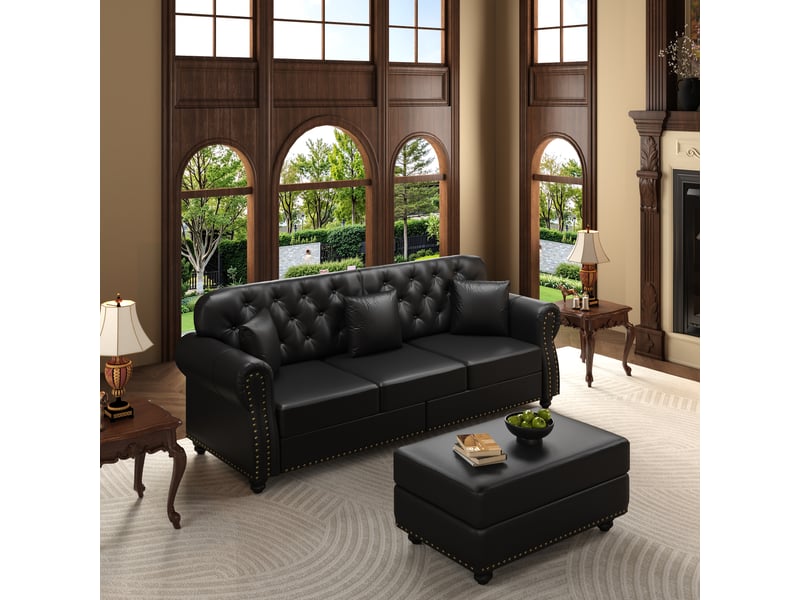 Canapé chesterfield 3 places + 1 pouf en simili cuir noir, 210 cm Fay Lum - Conforama E