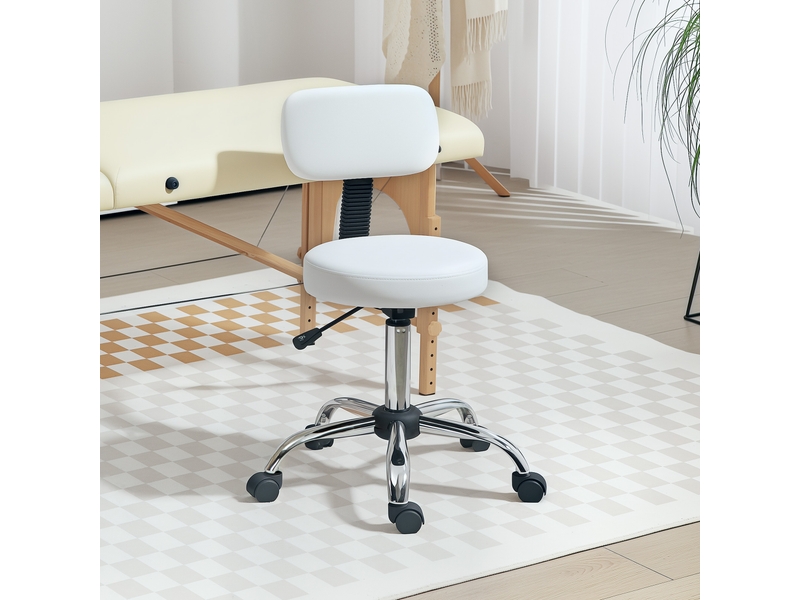  Tabouret pivotant blanc avec dossier et roulettes pour salon de beauté ou studio de tatouage hauteur réglable  - Conforama D