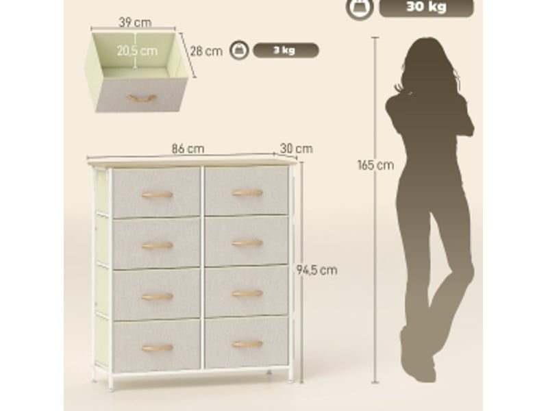  Commode de rangement 86x30x94,5 cm – beige – 8 tiroirs en tissu, 4 poches latérales, 2 crochets et plateau  - Conforama C