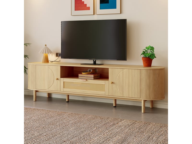  Meuble tv rotin avec plateau en bois arrondi, 175 cm, tiroirs de rangement et pieds en métal, style moderne pour salon  - Conforama R