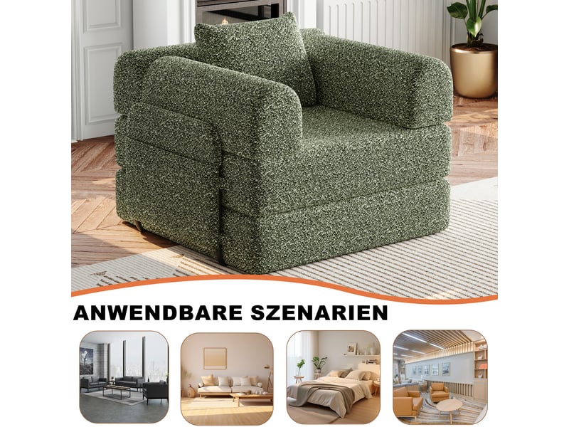  Fauteuil convertible 2-en-1 en chenille avec rangement dans l’accoudoir, canapé-lit 1 place modulable à structure métallique - vert  - Conforama E
