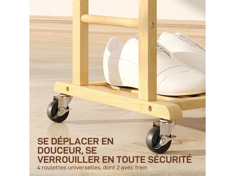  Portant à vêtements sur roulettes, porte-manteaux en bambou, double cintre intégré, 47 x 33,7 x 105,5 cm, bois naturel  - Conforama E