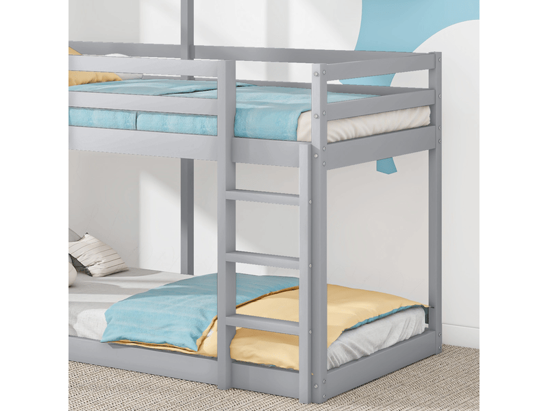  Lit superposé enfant 90x200 cabane bois massif gris avec échelle  - Conforama R