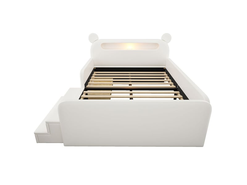Lit rangement 140 x 200 cm tête de lit ours éclairage nocturne port usb assise marche revêtement en similicuir finition blanche - Conforama A