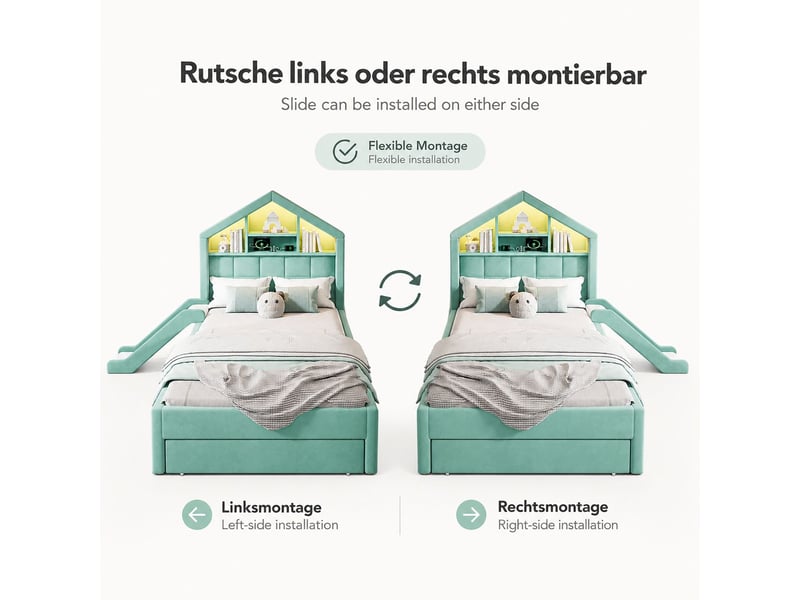  Lit simple 90 x 200 cm lit cabane rembourré coloris bleu-vert éclairage led toboggan montable à gauche ou à droite port de recharge étagère en tête de lit et grand coffre de lit  - Conforama E