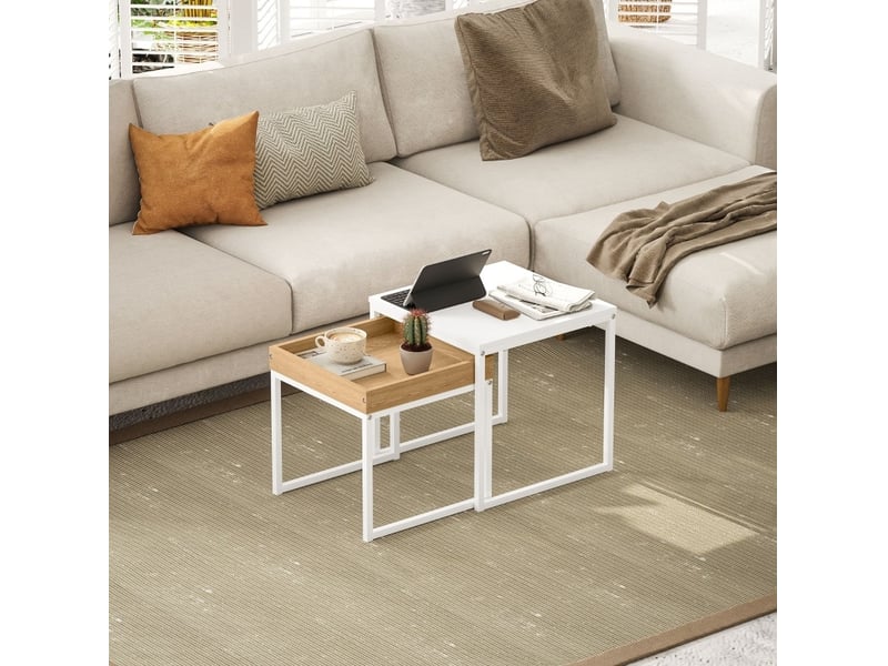  Tables basses gigognes carrées 2 pièces avec plateau amovible, piètement en acier, blanc, 45 × 45 × 45 cm  - Conforama D