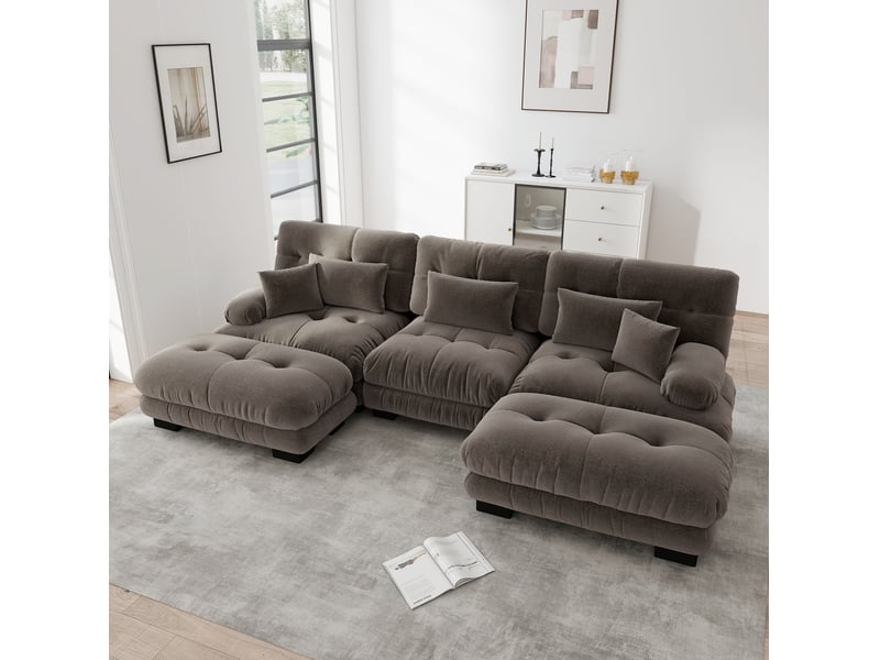  Canapé d'angle ulevr modulable en u 3 places avec ottomans mobiles, 313 x 145 x 81 cm, chenille vintage marron  - Conforama B