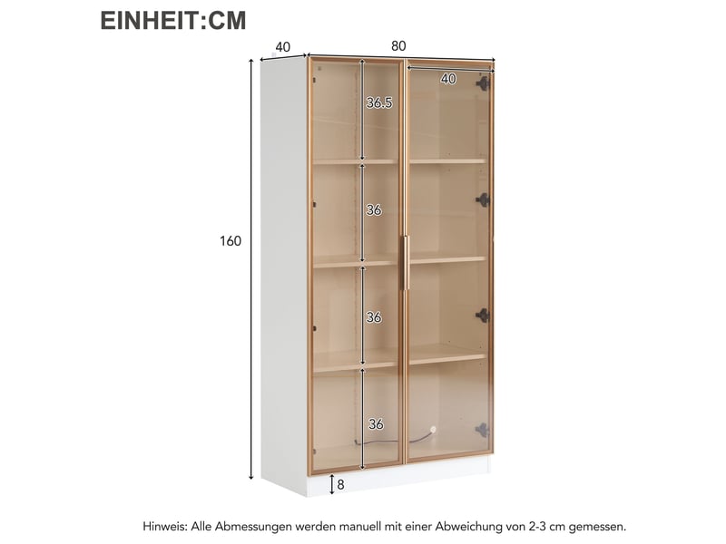  Lot de 2 vitrines avec portes vitrées et éclairage led, étagères réglables, en panneau de particules blanc  - Conforama D