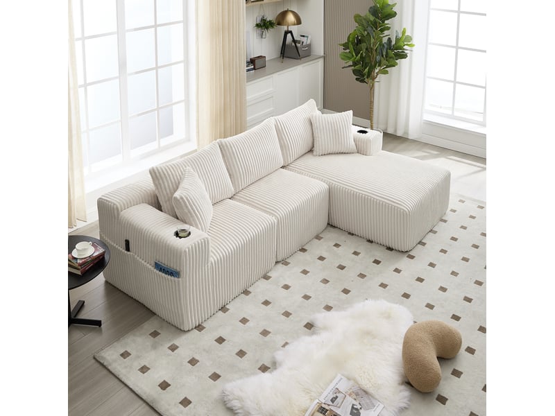  Canapé modulable modenvie 3 places avec méridienne en velours côtelé beige 257 x 160 x 80 cm  - Conforama D