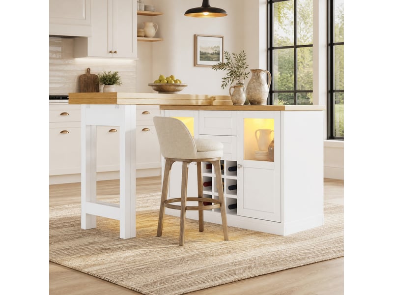  Table extensible rotative avec 2 tiroirs, 2 portes vitrées, casier à 9 bouteilles et led, blanche, 120-197 × 40 × 72 cm  - Conforama C
